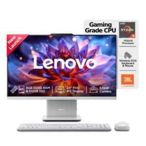 lenovo ideacentre aio amd ryzen 5 7535hs 23.8" fhd ips all in one desktop(8gb ram/512gb ssd/win11/microsoft 365 basic + office home 2024/3wx2 speakers/5mp camera/wireless keyboard & mouse),f0hr009bin